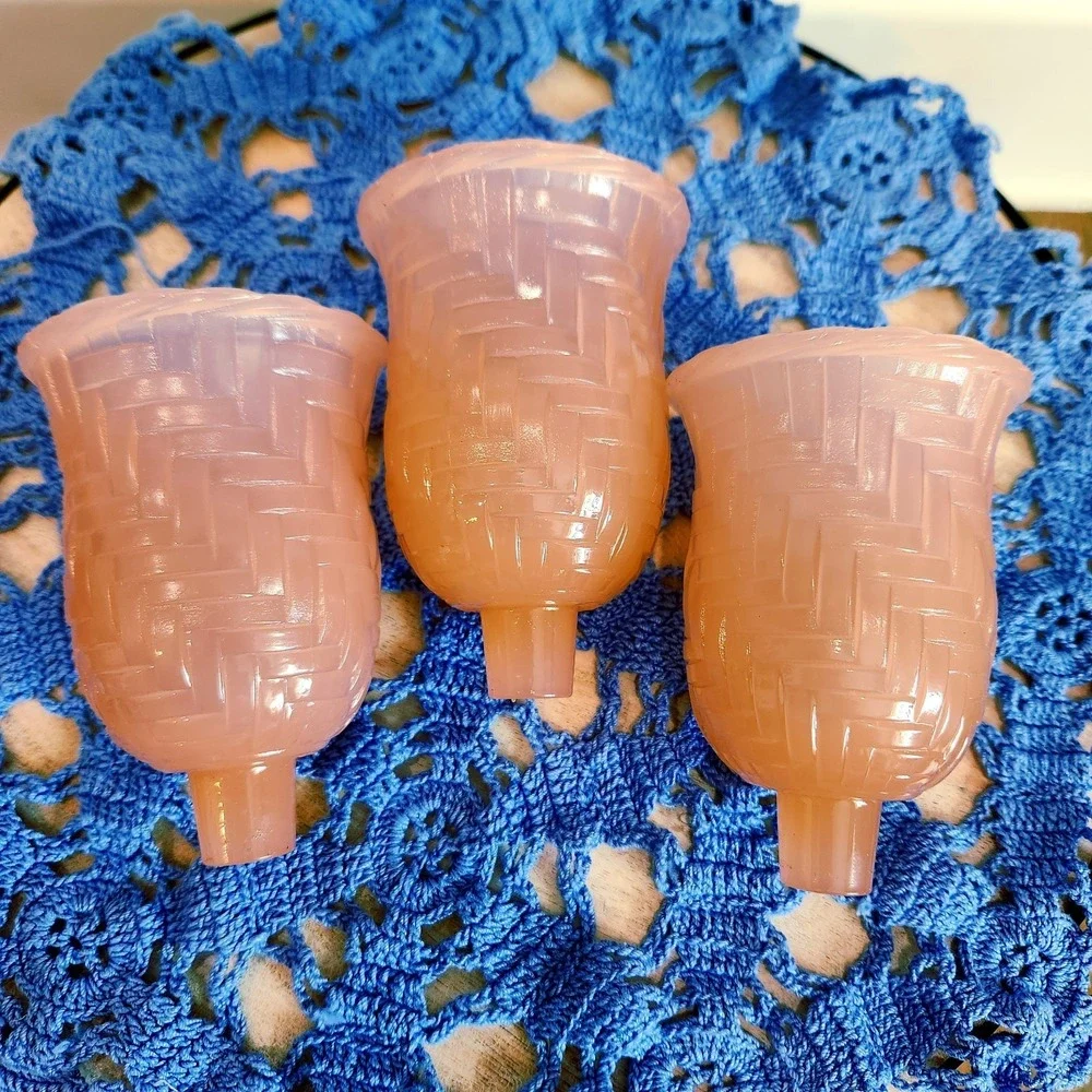 Lot of 3 VTG S.N.M. Pink Opalescent Slag Glass Basketweave Peg Candle Votives